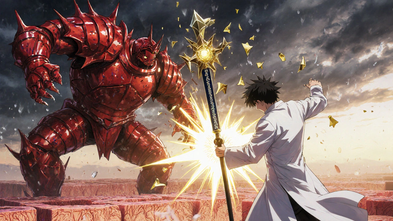 A symbolic battle between inflammatory cells and a steroid warrior calming skin inflammation with golden energy.