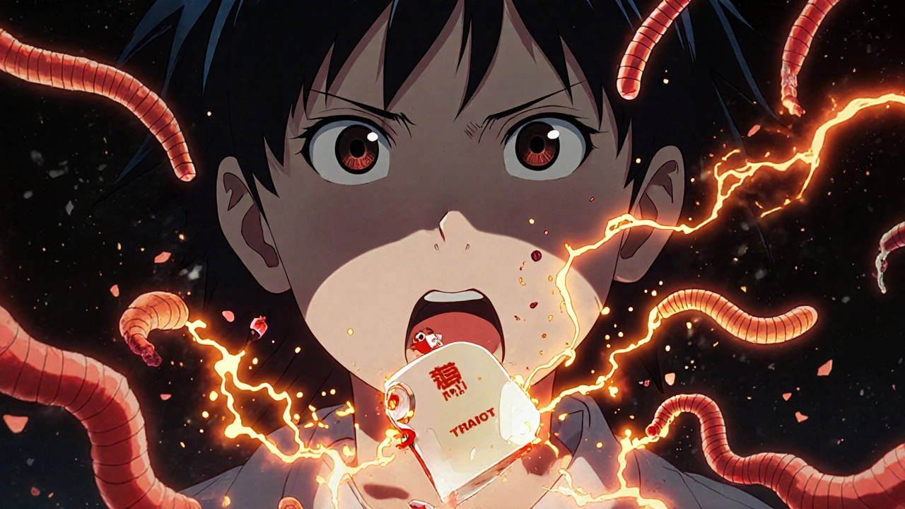 Chewable tablet dissolving as glowing worms disintegrate around a child&#039;s mouth.