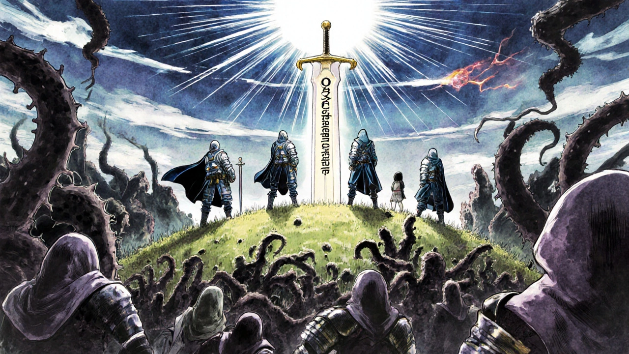 Immune warriors battling bacteria in the body under a glowing antibiotic sword.