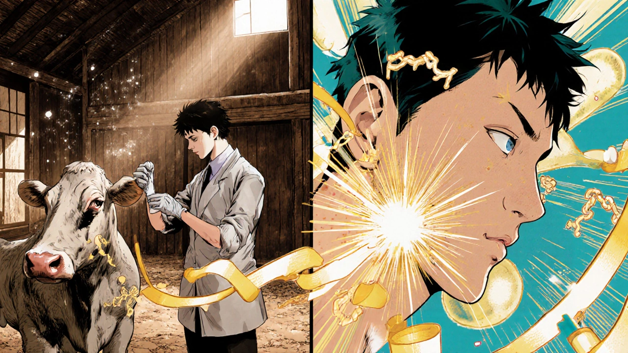 Veterinarian applying ointment to a cow&#039;s eye while a human&#039;s acne heals with golden light.