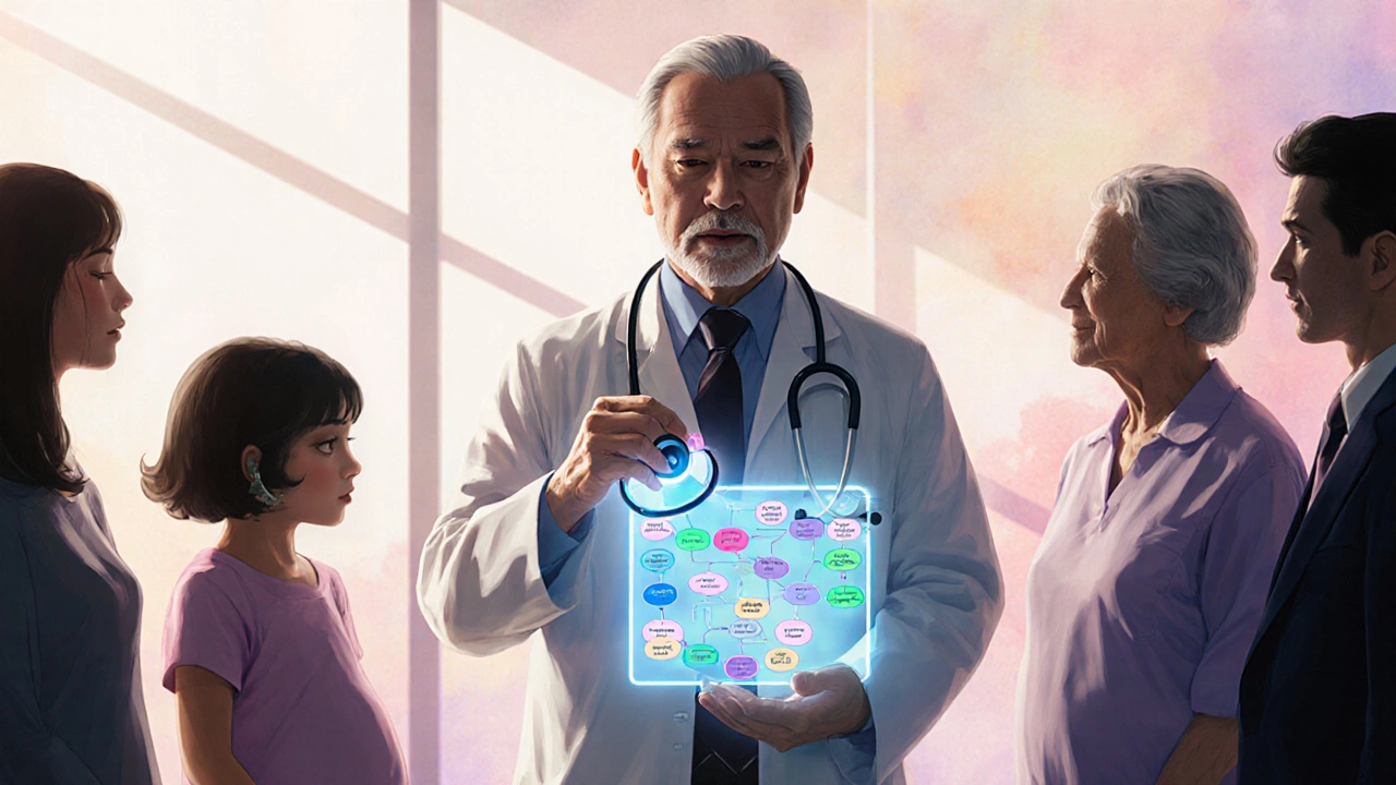 A doctor projects a holographic antibiotic guide while patients watch in a sunlit clinic.
