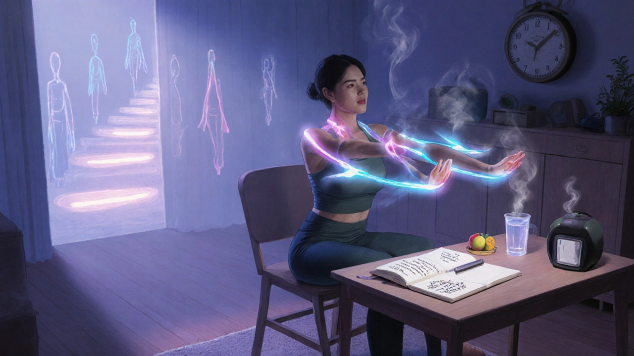 A woman does chair yoga at dusk with glowing resistance bands, journal and snack nearby.