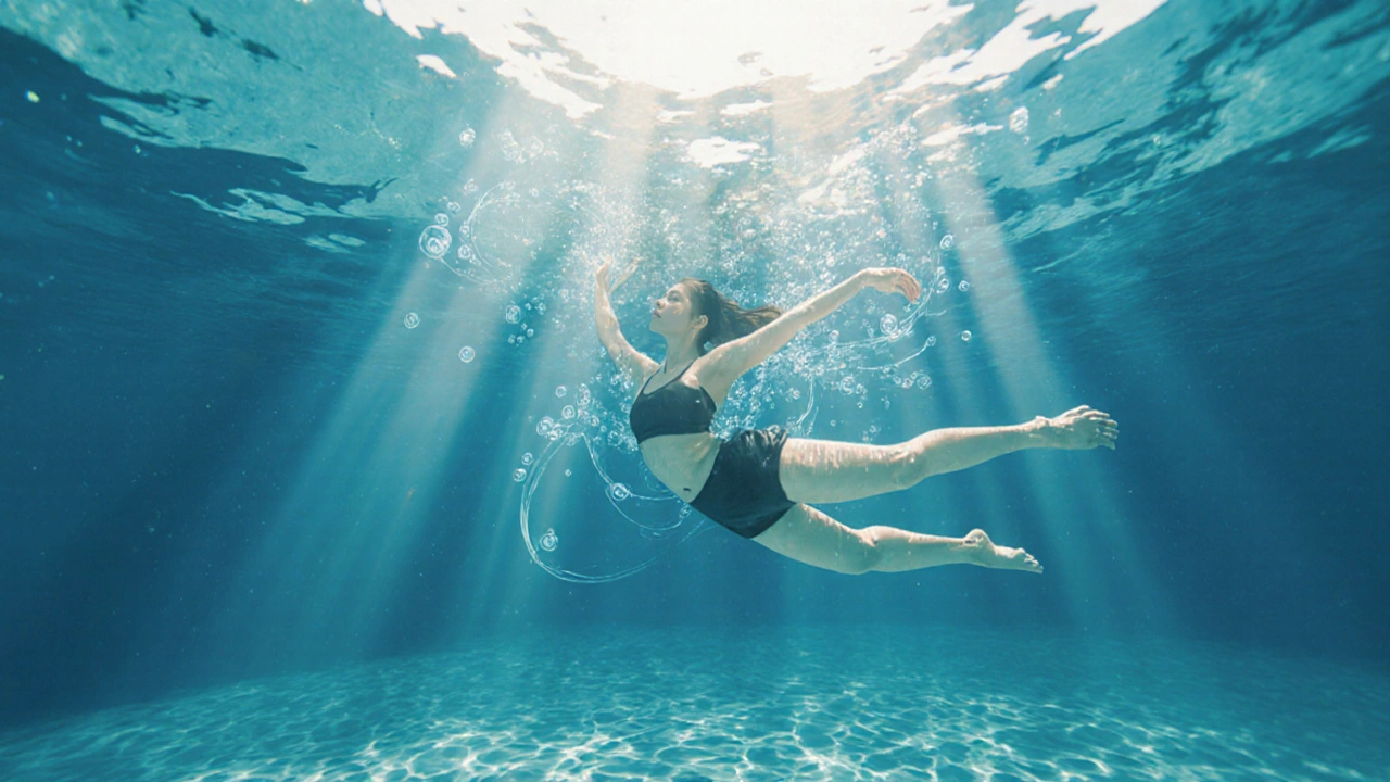 A woman performs water aerobics in a sun-dappled pool, surrounded by gentle ripples and bubbles.