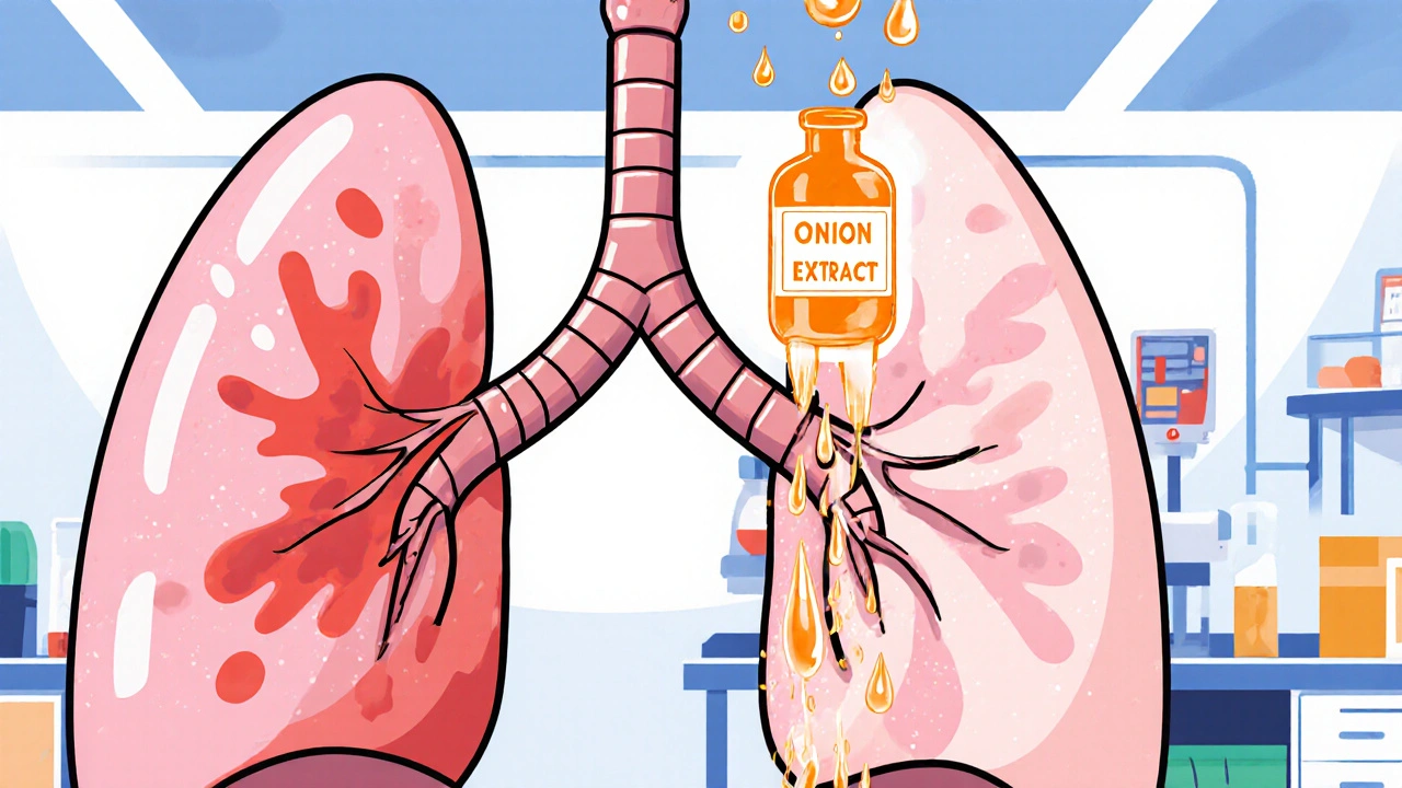 Animated lungs being cleansed by orange‑gold onion extract droplets in a bright lab.