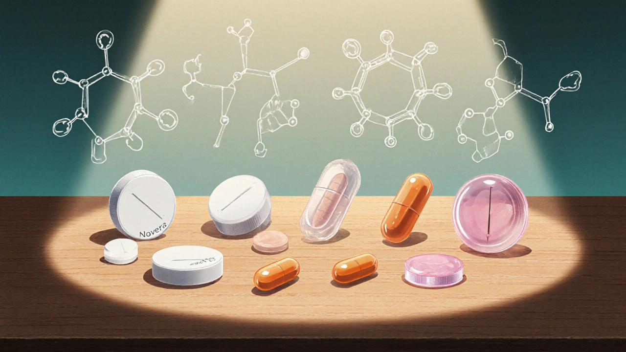 Assortment of hormone pills arranged on a table with faint chemical structures above.