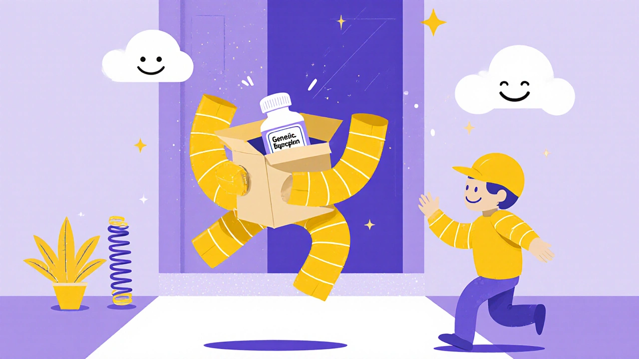 Cartoon customer opening a package with a generic pill bottle and smiling courier.