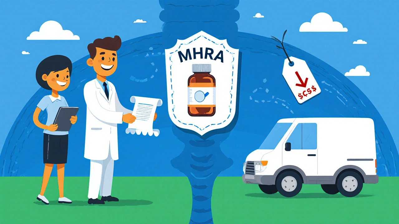 Cartoon scene of pharmacist passing prescription, MHRA badge, and delivery van.