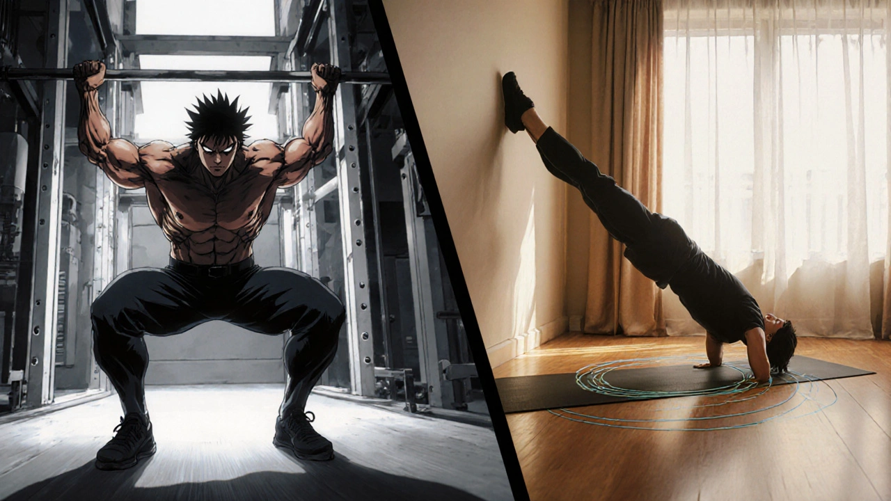 Character doing squats in a gym and a bridge exercise on a mat with energy lines around the belly.