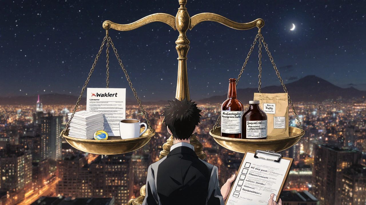Character weighing Waklert against other stimulants on a scale under night city lights.