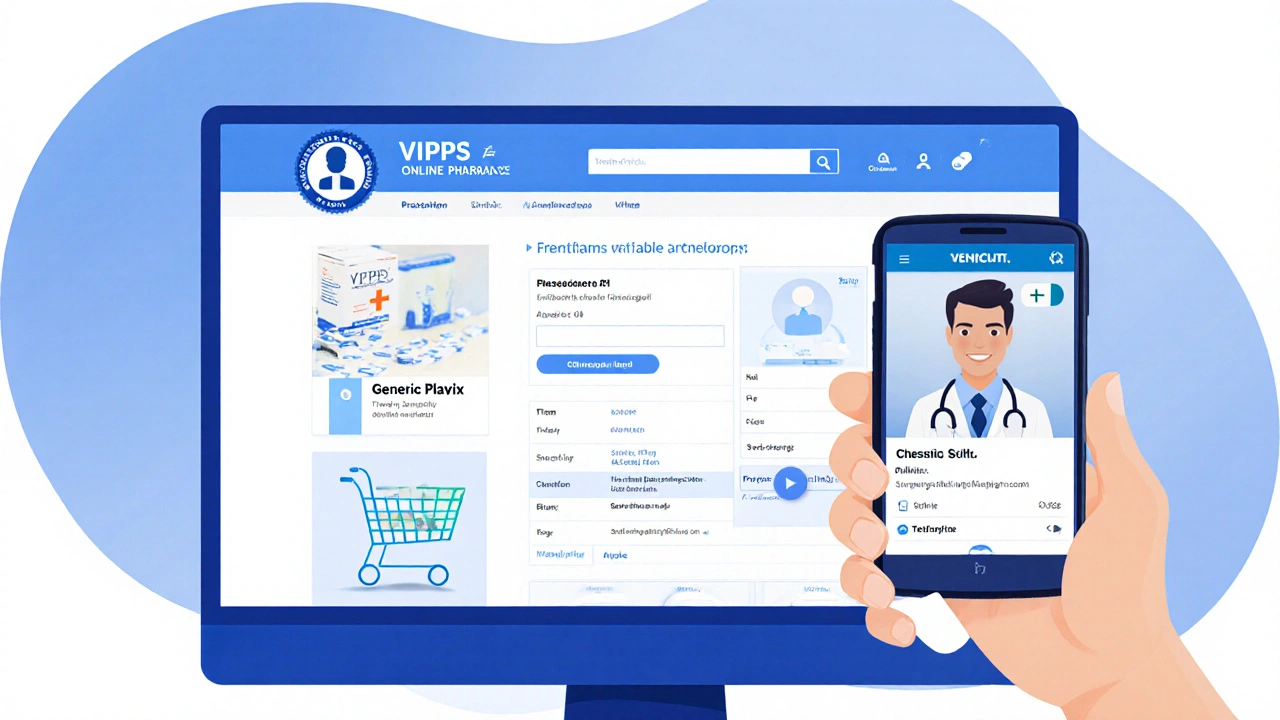 Computer screen displaying a verified online pharmacy site with VIPPS seal and prescription upload.