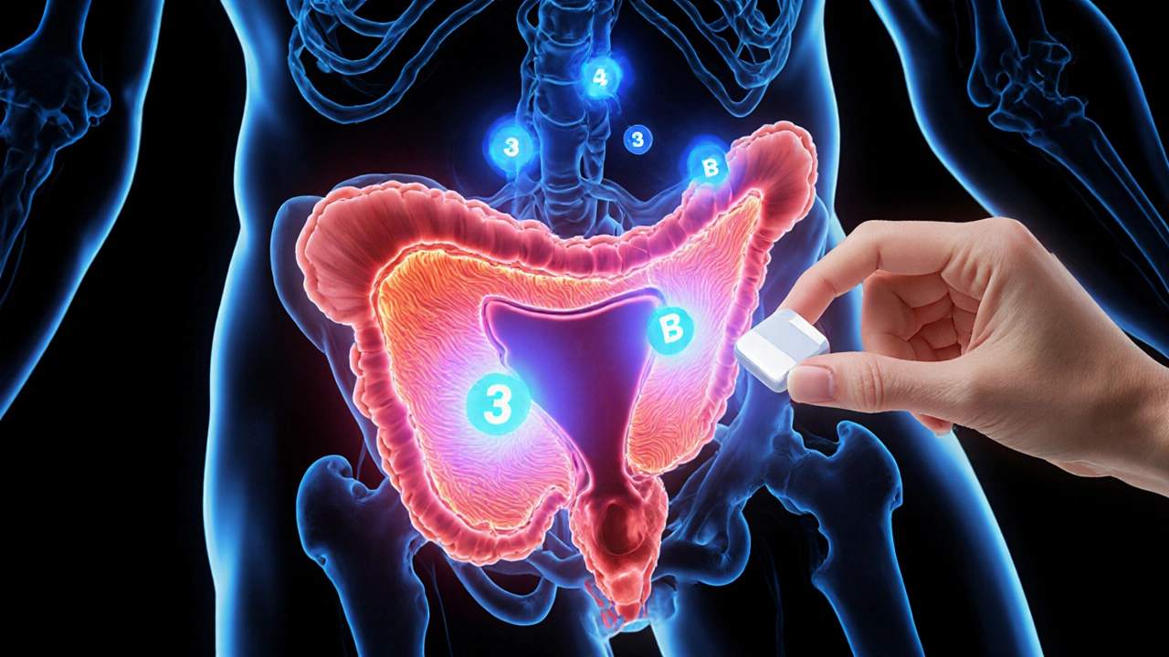 Cross‑section of bladder with glowing blue signals relaxing muscle, beside a Mirabegron pill.