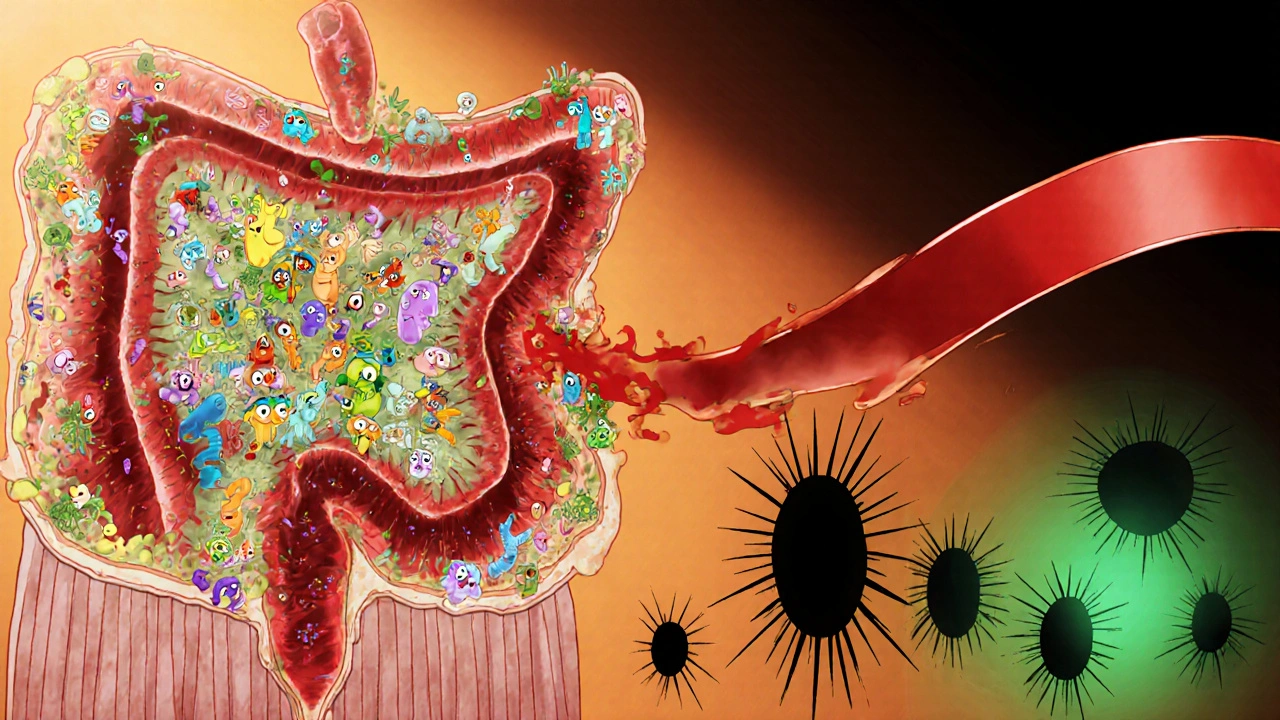 Cross‑section of intestine showing healthy gut microbes wiped out by cefpodoxime, with C. difficile spores emerging.