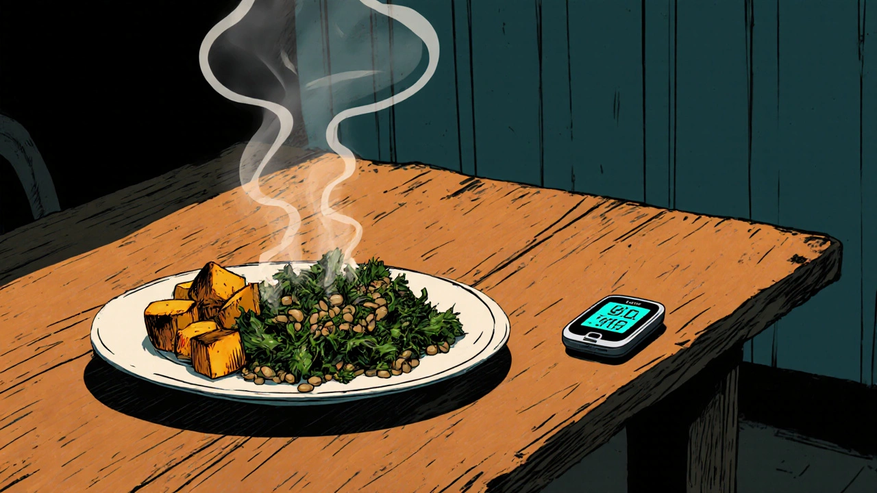 Dinner plate of kale, lentils, and roasted sweet potatoes with a CGM device nearby.