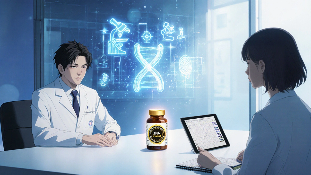 Doctor and patient discuss a certified supplement bottle beside a holographic DNA helix in a clinic.
