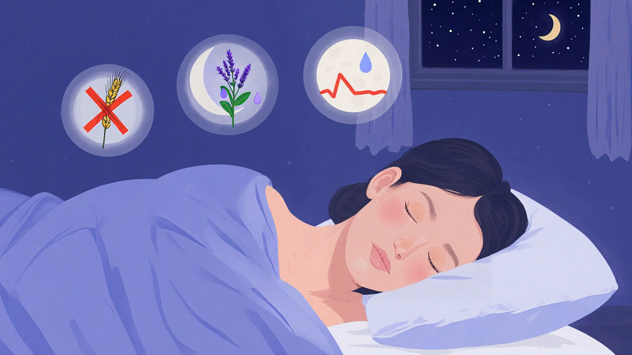 Dreamy scene of a rested sleeper with clear skin, gluten‑free symbol, melatonin and calm icons.