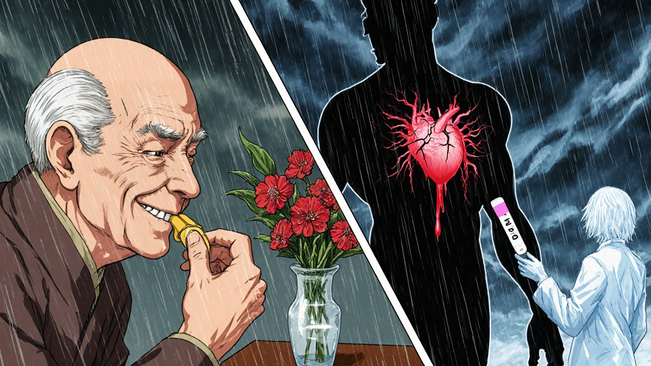 Elderly man taking Danshen while his shadow transforms into a bleeding heart, cardiologist holding an INR test.