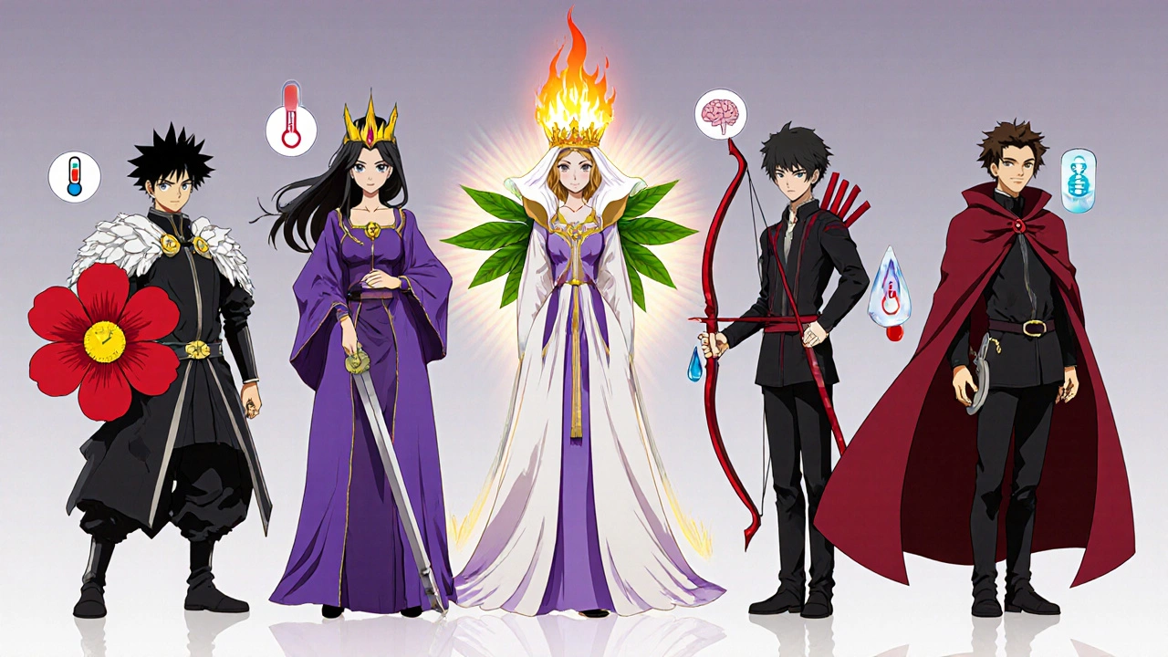 Five stylized herb characters personify Echinacea, Black cohosh, St. John’s wort, Ginkgo, and Cranberry.