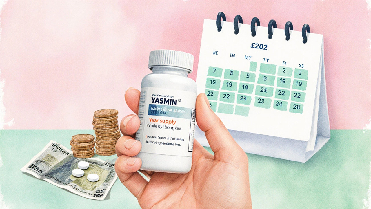 Hand holding generic birth control bottle beside calendar and coins representing savings.
