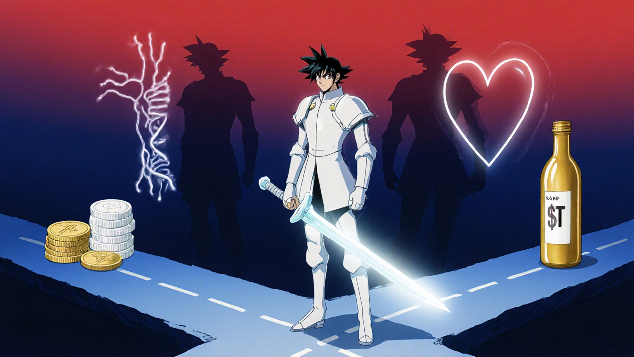 Heroic pill figure battling tendon and heart symbols, with cost paths shown.