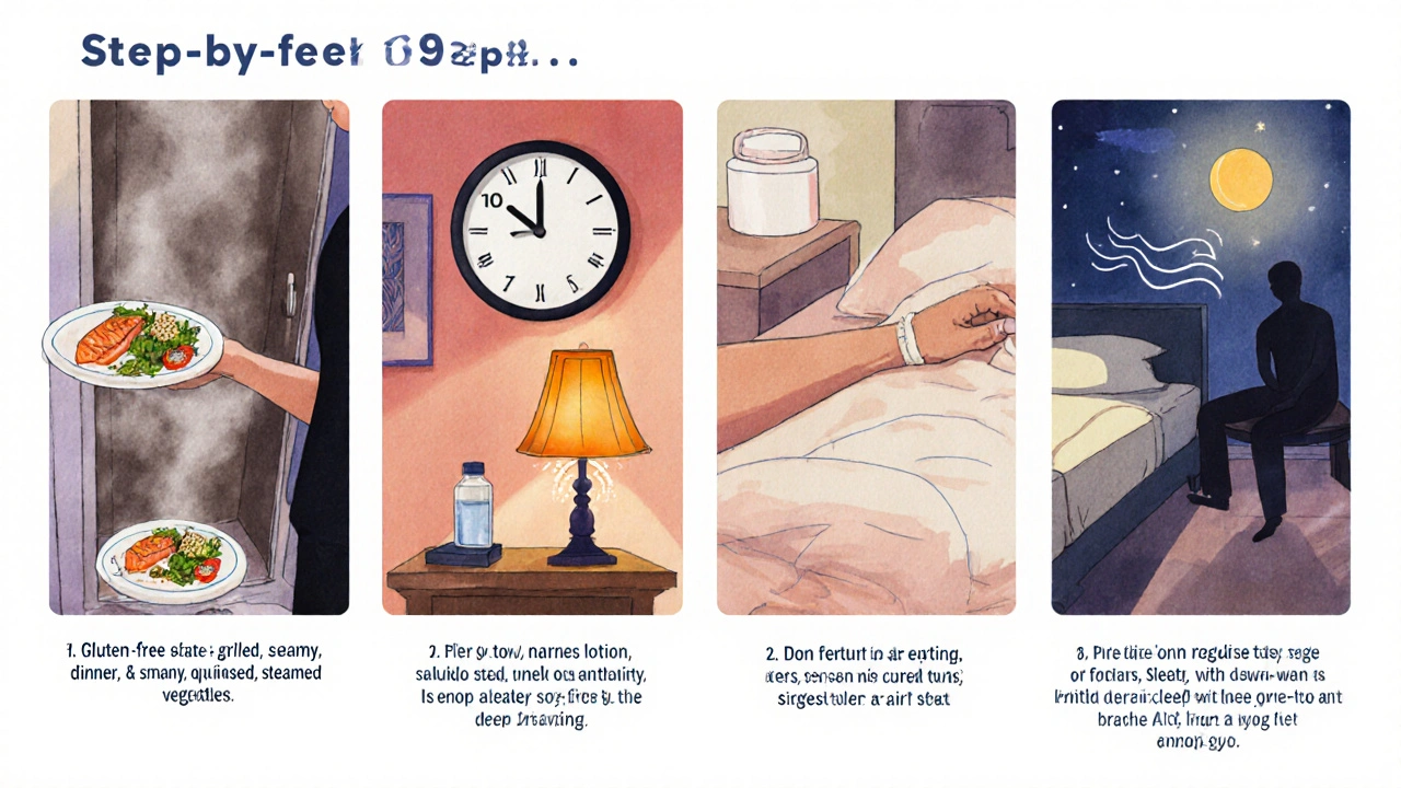 Illustrated bedtime routine: gluten‑free dinner, shower, lotion, dim lights, antihistamine, breathing, consistent lights‑out.