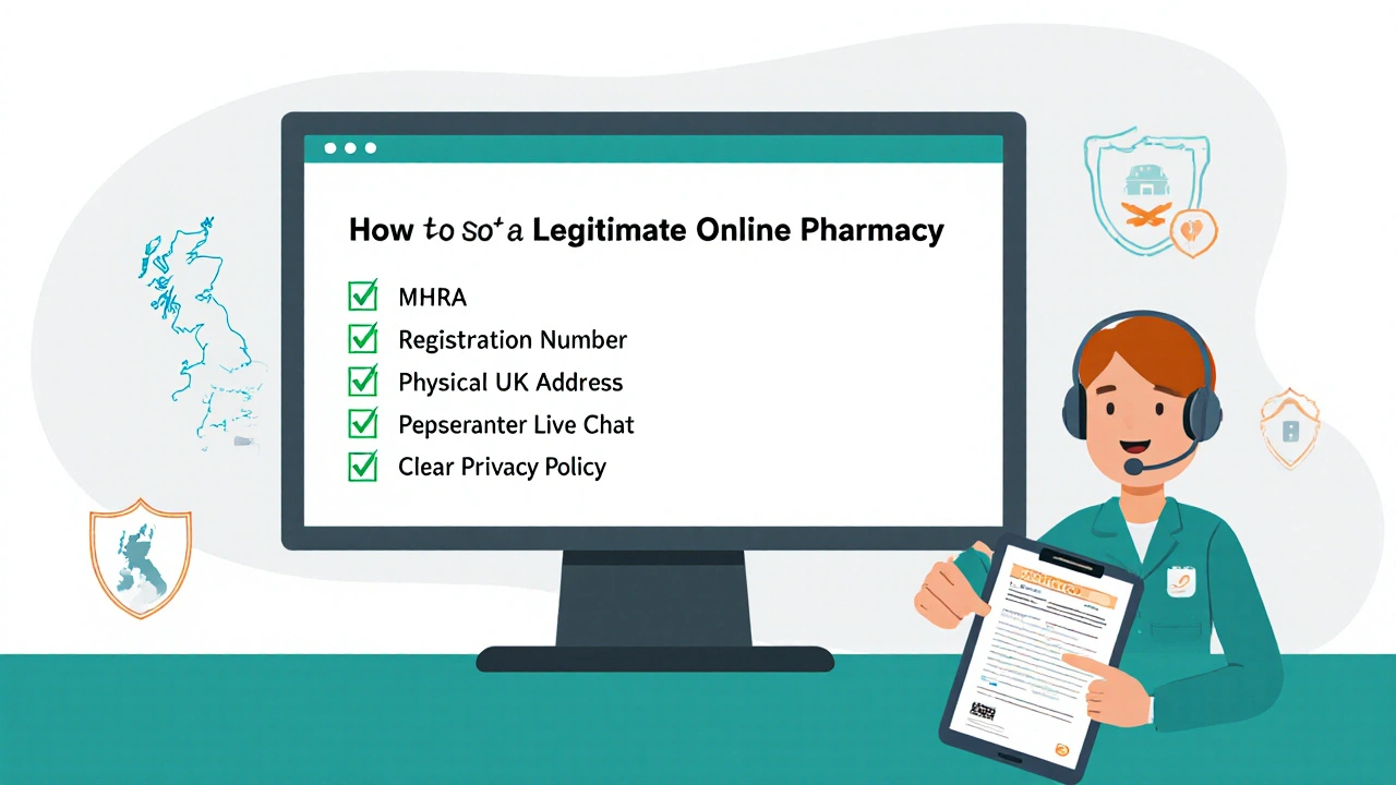 Illustrated checklist showing legitimate pharmacy features on a computer screen.