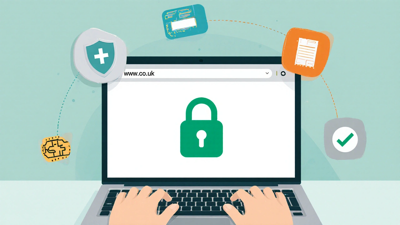 Illustration of a laptop showing a secure UK pharmacy site with prescription upload icons.