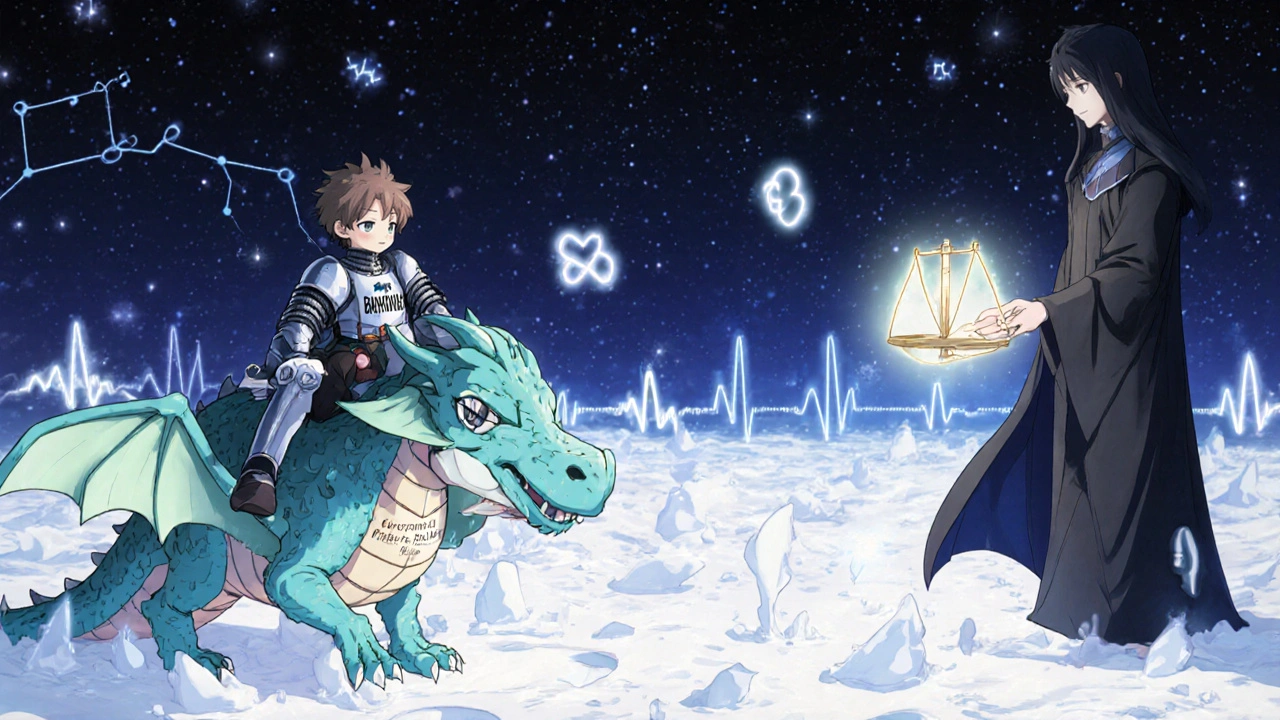 Infant knight on a milk dragon defeating heart condition shadows, with a wise figure holding a health balance scale.