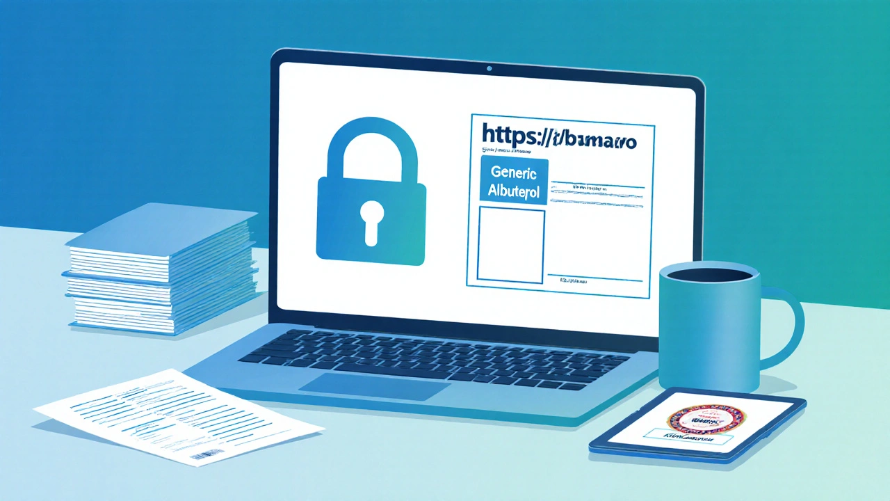 Laptop and desk items showing secure online pharmacy verification steps.