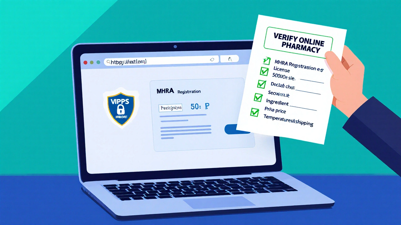 Laptop screen shows secure MHRA‑registered pharmacy page with checklist items being ticked.