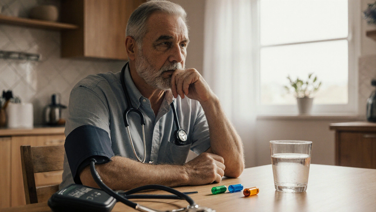 Man at kitchen table considering colored capsules beside a blood pressure cuff.