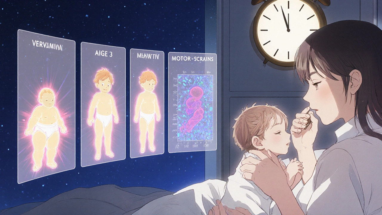 Mother taking medication after feeding, with glowing timeline showing baby’s healthy development to age 3.