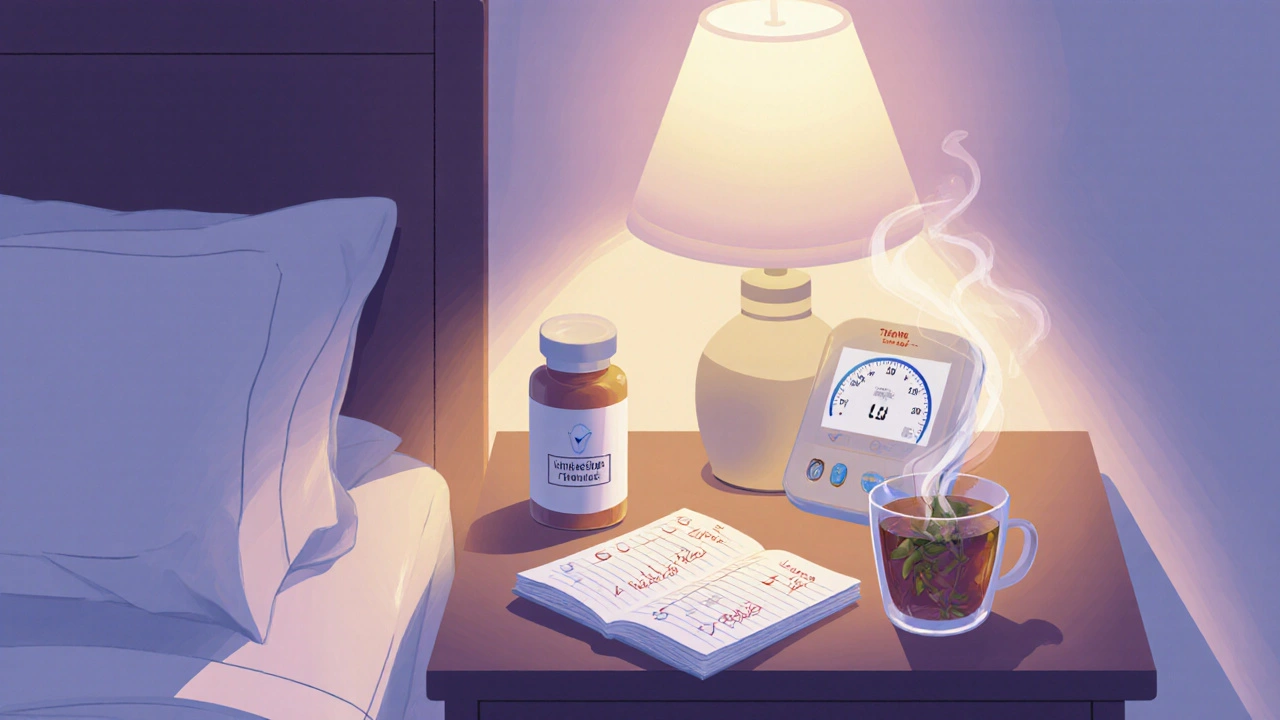 Nightstand with pill bottle, blood pressure monitor, and symptom diary.
