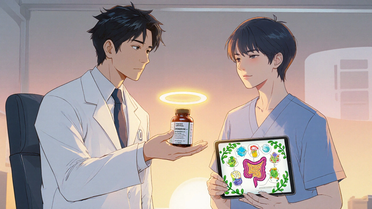 Patient and doctor discussing probiotic use, with a glowing diagram of balanced gut flora in the background.