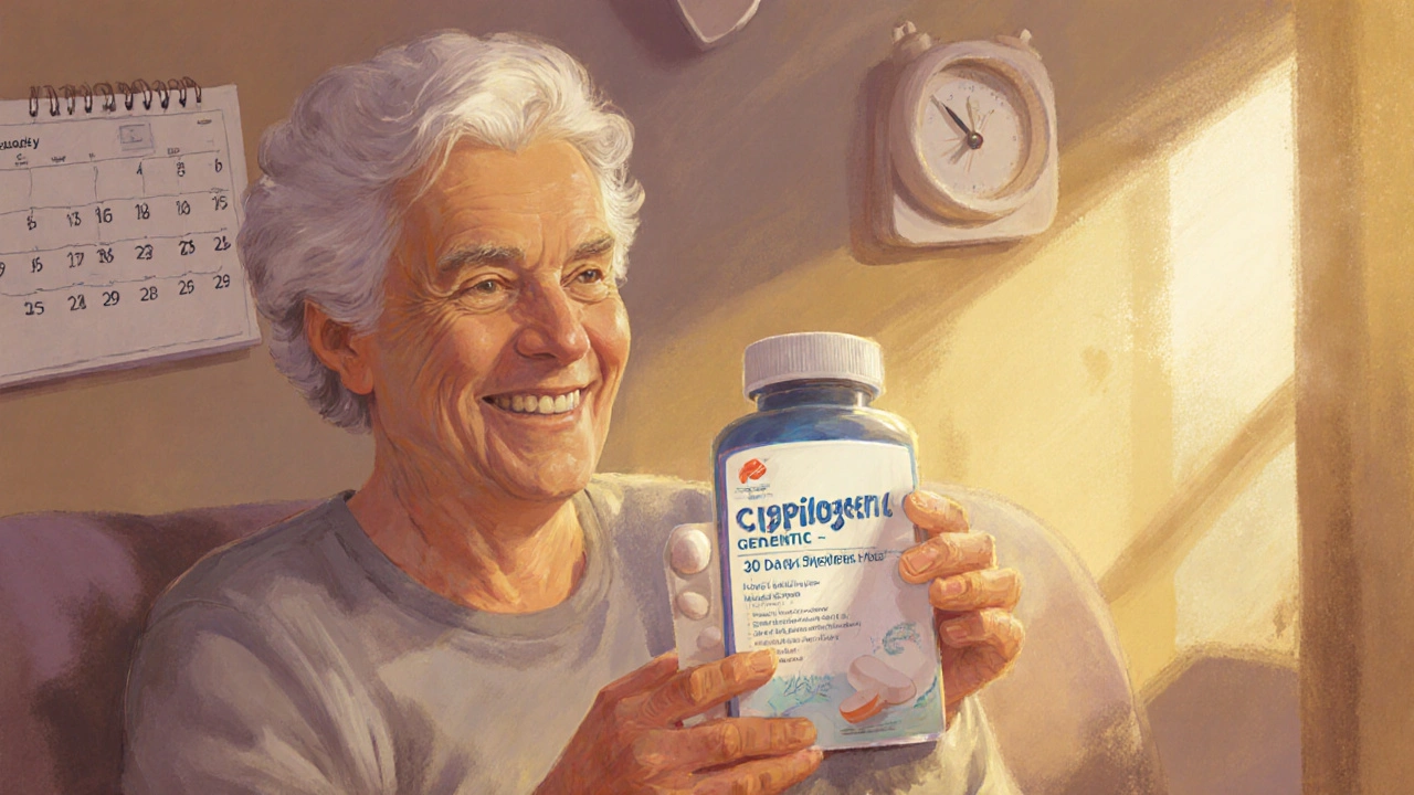 Patient opening a package of generic clopidogrel, smiling and checking the bottle at home.