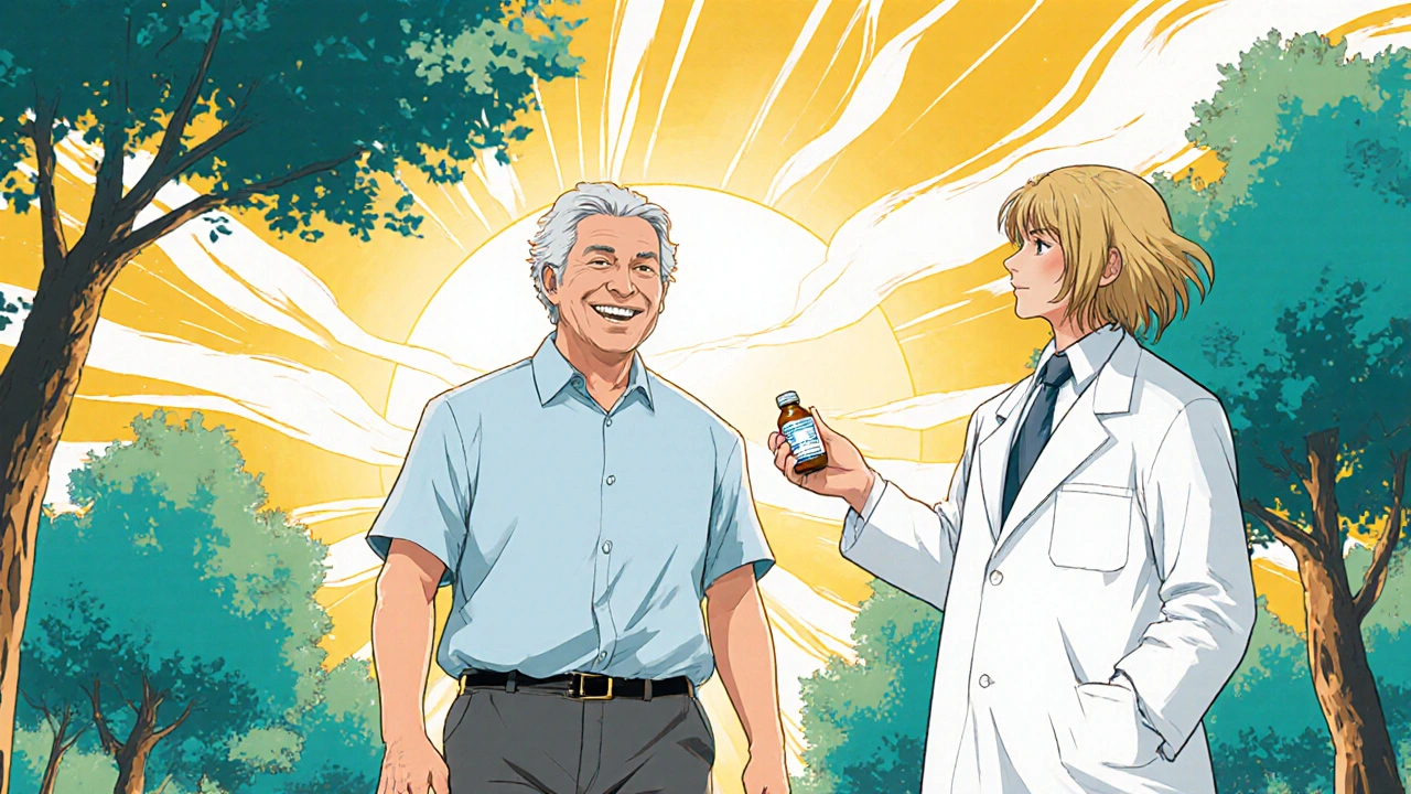 Patient walking happily in park with doctor offering medication, indicating better bladder control.