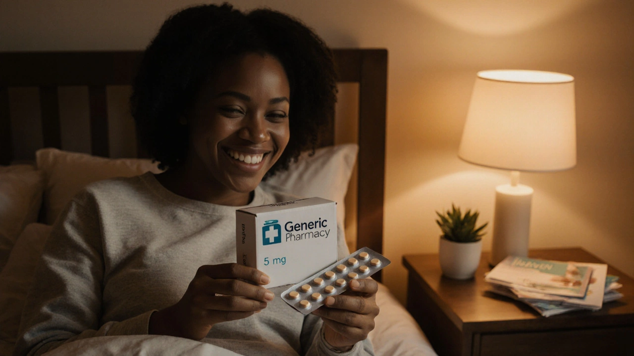 Person opening a delivery box revealing sealed generic Provera blister pack in cozy bedroom.