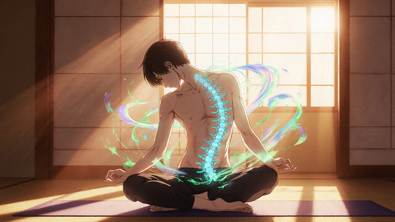 Person performing a seated spinal twist yoga pose with glowing wisps suggesting a healthy gut.