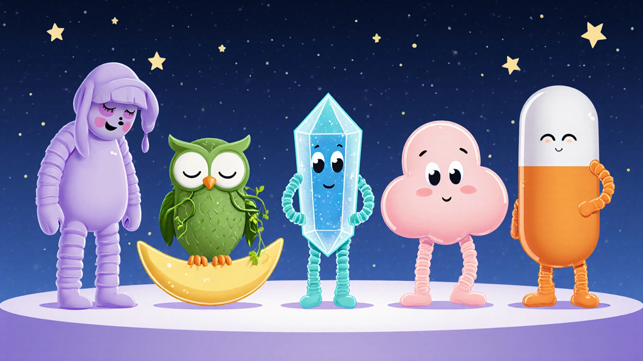 Playful cartoon lineup of six characters representing different sleep aids in rubber hose animation.