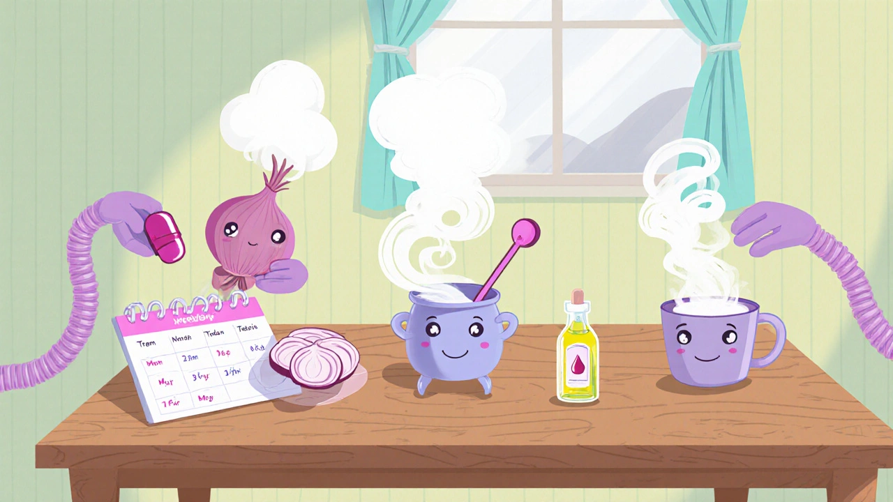 Playful weekly planner showing onion capsules, steam inhalation, and oil drink preparations.