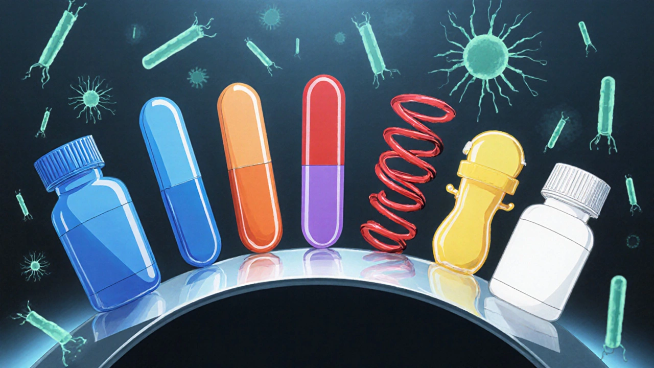 Row of colorful pill bottles with stylized bacteria silhouettes around them.