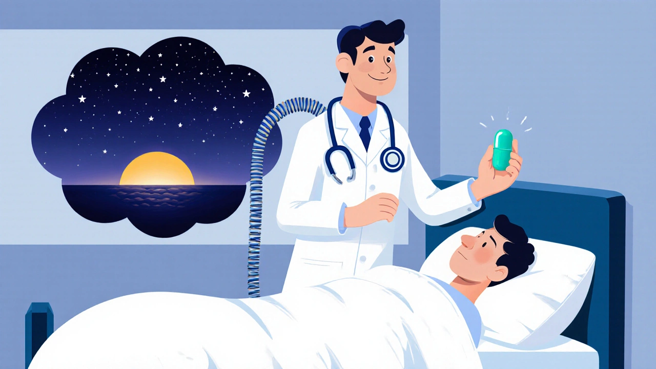 Rubber hose style doctor giving a glowing pill to a patient, with a dreamy sleep bubble above.