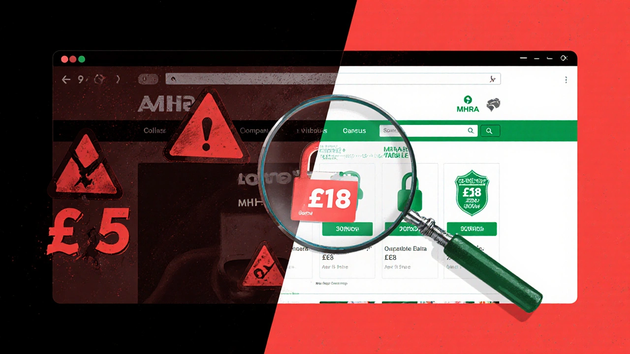 Split-screen illustration contrasting shady website with red warnings and safe pharmacy with green lock.