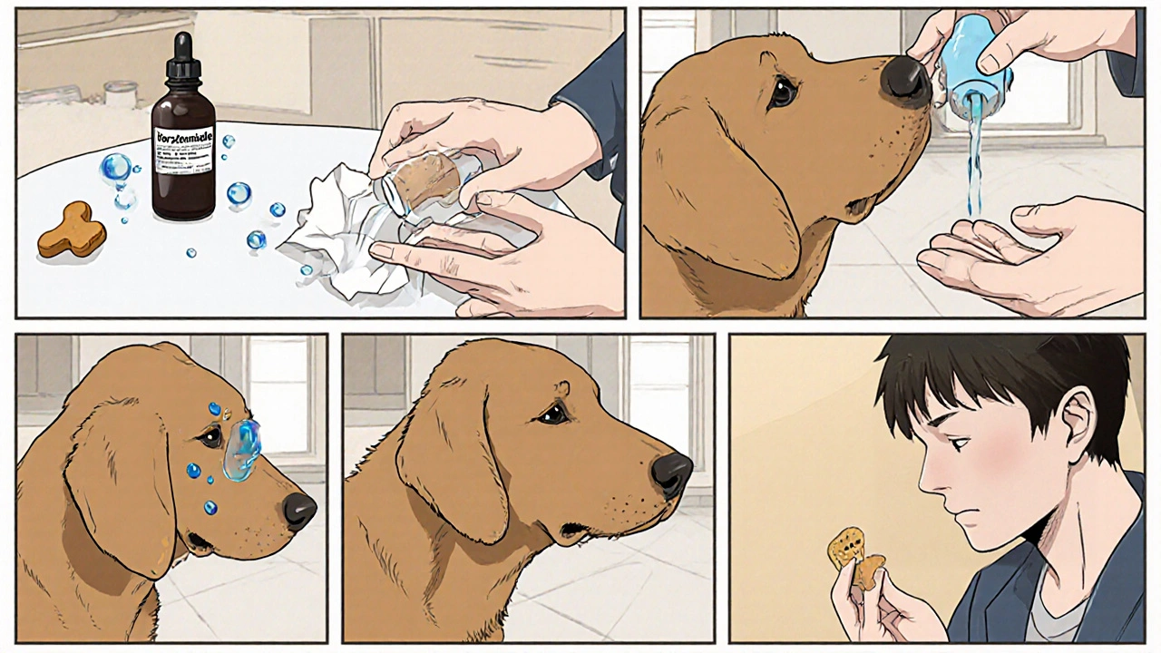 Step‑by‑step panels of owner giving dorzolamide drops to a dog with treat reward.