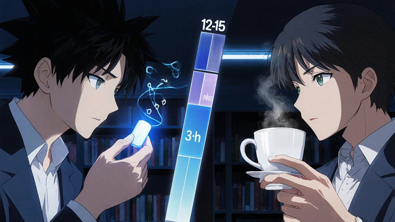 Student studying late with a glowing Waklert tablet beside a steaming coffee cup, showing duration bars.