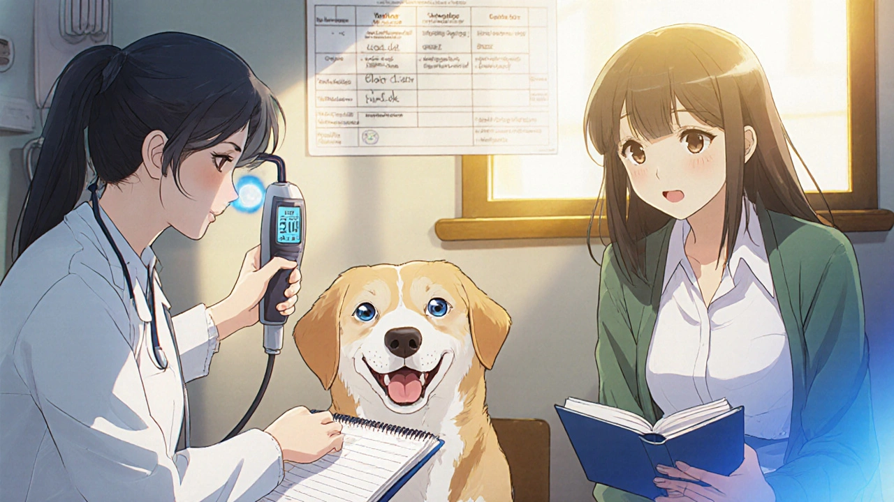 Vet measuring eye pressure of a happy dog while owner logs treatment progress.