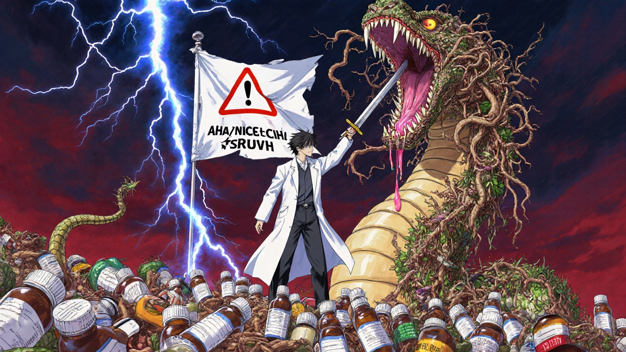 Warrior battles a serpent of herbs and pills, warning banner behind them, dramatic lightning and blood tones.