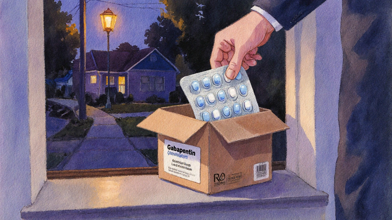 Watercolor scene of a hand opening a delivery box with gabapentin blister pack inside.