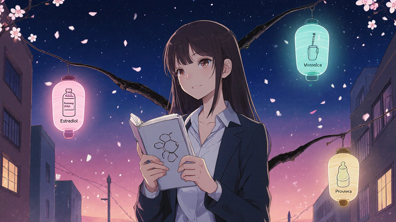 Woman at twilight crossroads, each path lit by colors representing different hormone options.