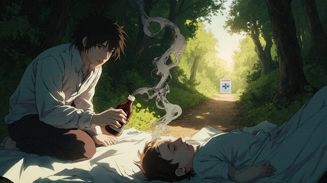 A child lies ill in the forest while an adult holds an expired liquid medicine, toxic smoke rising from the bottle toward a distant clinic.