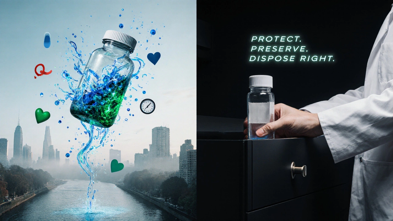 A crumbling pill bottle dissolving into a river, while a new bottle is safely stored in a drawer.